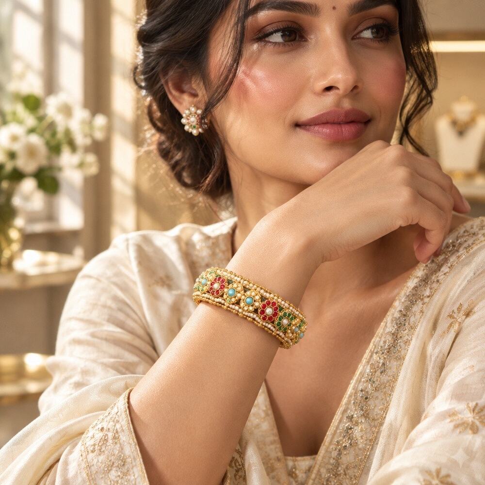 Gold Multicolor Floral Kundan Bangle - Picture 2 of 2